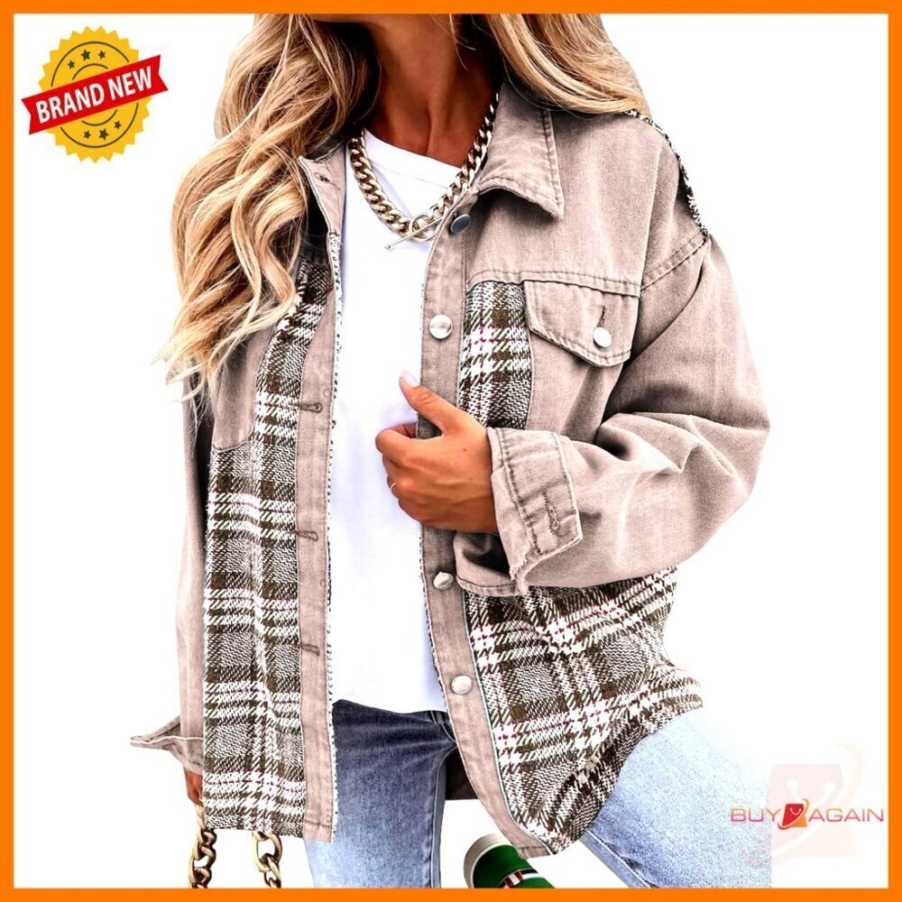 Oversized Denim Plaid Shacket Button Down Long Sleeve Distressed Jacket